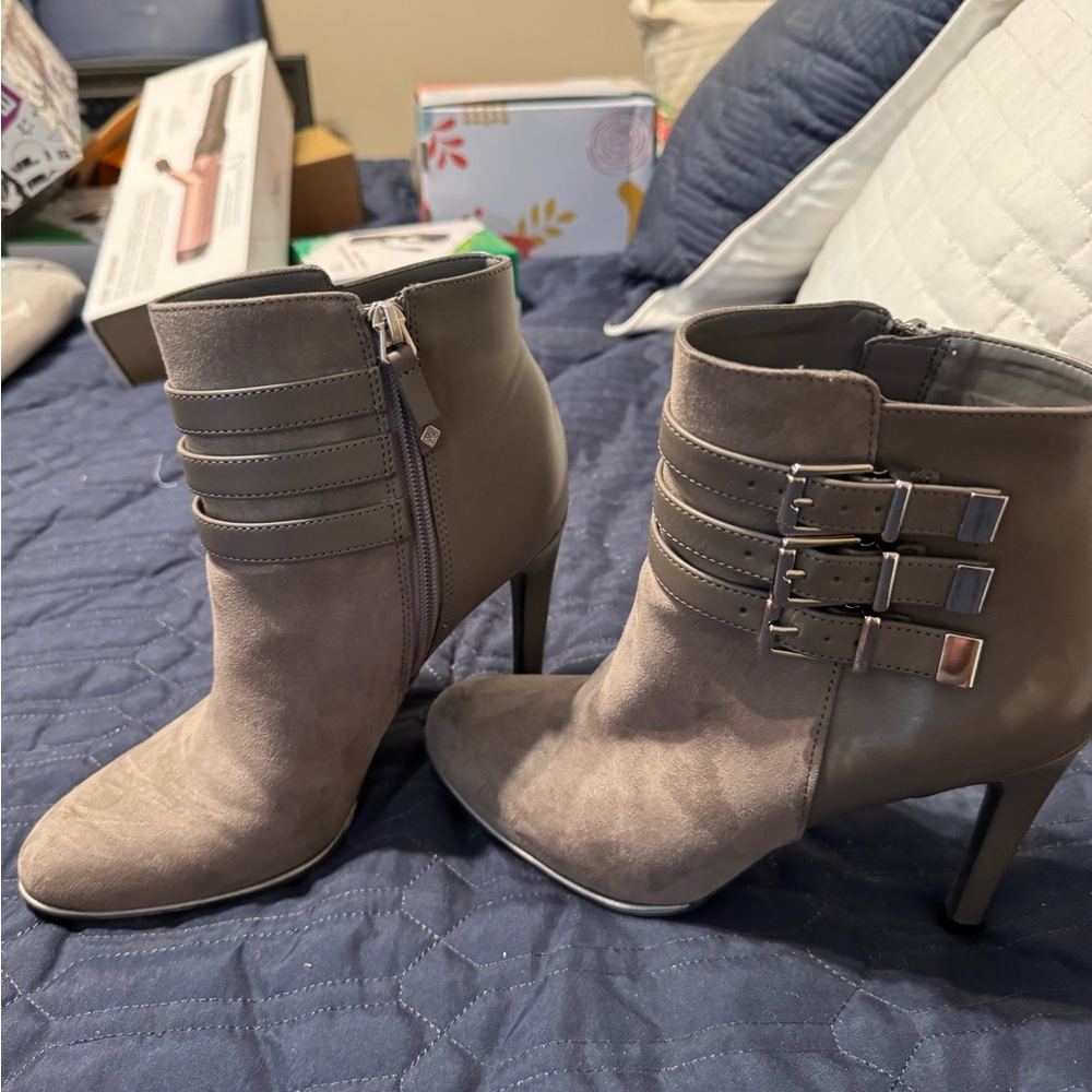 Sam & Libby Gray Heeled Boots with Strap Detail